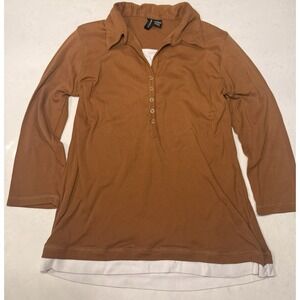 Jason Maxwell Layered Henley Top Women Large Brown 3/4 Sleeve Ribbed Knit Y2K